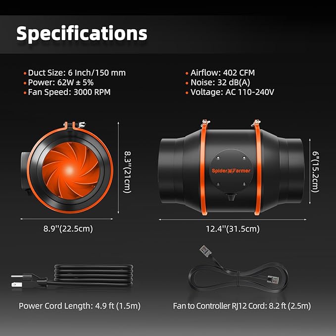 Spider Farmer 6 Inch Smart Inline Duct Fan with GGS Temperature Humidity Controller, WiFi Integrated App Control, 402 CFM Ventilation Exhaust Fan for Heating Cooling Booster, Grow Tents, Hydroponics