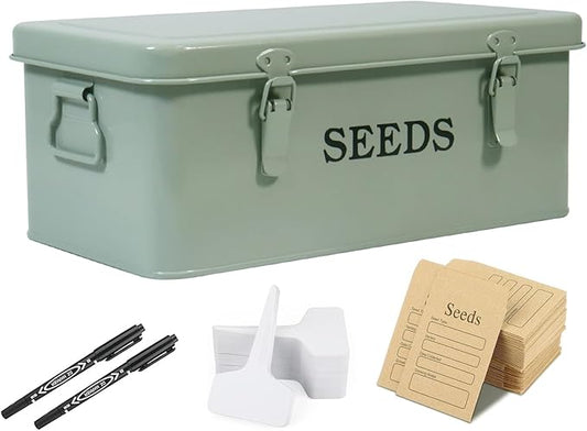Seed Storage Organizer, 4 Compartment Seed Storage Box with Safety Lock, Metal Seed Box Container with 2 Pens, 20 Plant Labels and 50 Seed Envelopes for Seed Packet & Small Garden Tool, Green