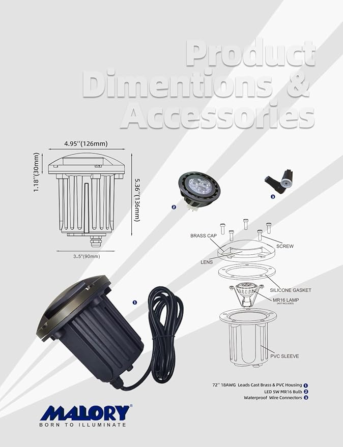 MALORY Low Voltage Landscape Well Lights,(5‘’H 12V Brass Top Cover Outdoor In Ground Lights,Landscape Lighting for Pathway, Driveway and Garden (One-Direction Turret, 1-Pack with Bulb)