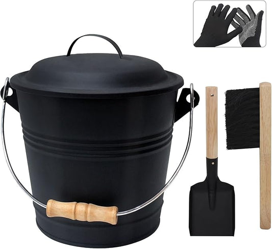 Poofzy Ash Bucket with Lid and Shovel, 1.3 Gallon Fireplace Bucket for Ashes, Includes Hand Broom and Gloves for Fire Pit, Wood Burning Stove and Grill