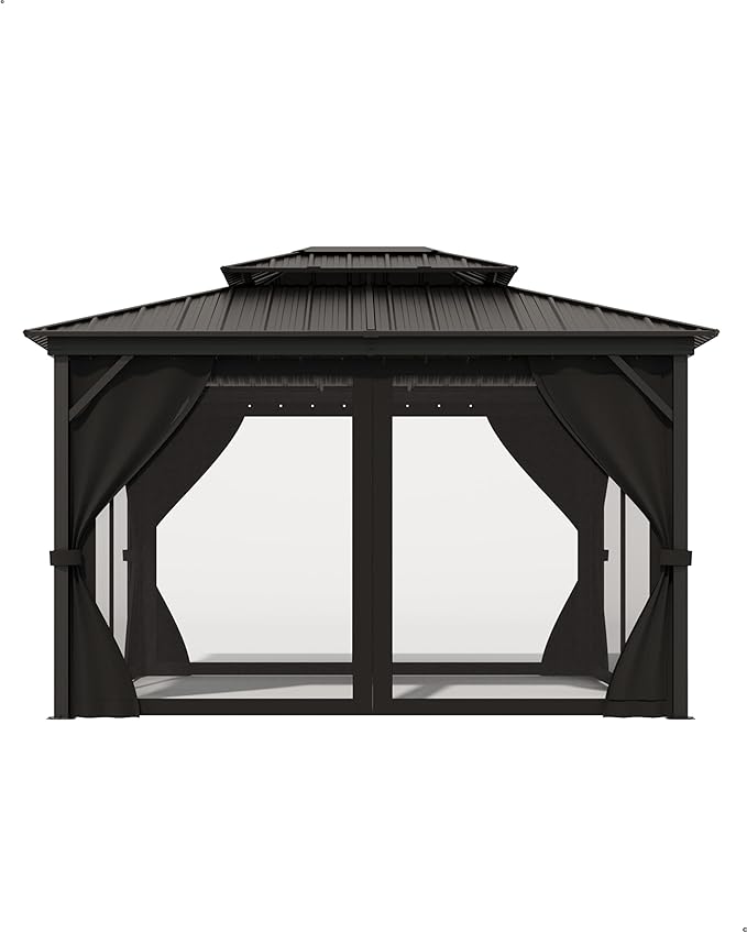 10x12 Ft Hardtop Gazebos with Heavy Duty Double Roof, Nettings and Curtains Galvanized Steel Outdoor Gazebos for Patio, Backyard, Deck, Lawn (Grey)