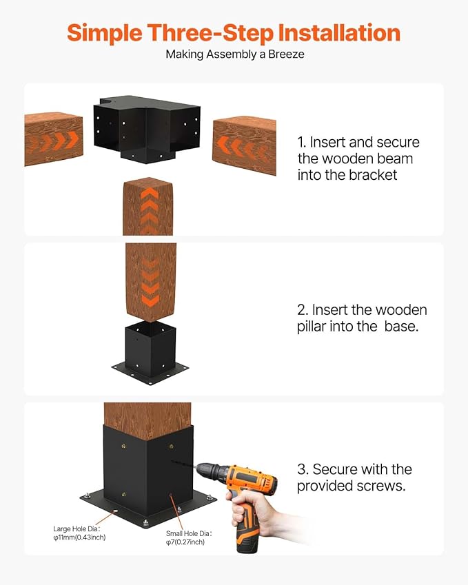 VEVOR Pergola Bracket Kit, 4x4 Inch (Inner Size 3.5x3.5), 2 Pcs 4-Way Heavy Duty Corner Bracket Woodworks DIY Post Base Kit, Easy Installation Wooden Beams for Gazebos, Patio Pergolas, Log Cabin