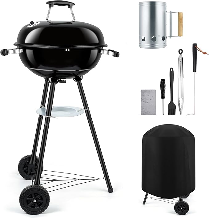 18 inch Kettle Charcoal Grills, Leonyo Portable BBQ Charcoal Grill for Outdoor with Cover & Chimney Starter, Griddle Accessories for Camping, Patio, Backyard Cooking - 254 Sq.in