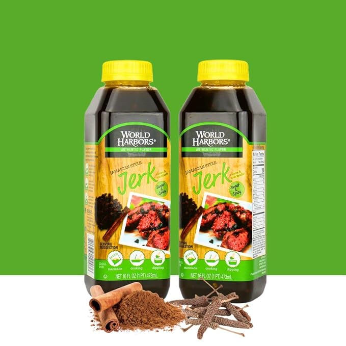 World Harbors Jamaican Jerk Sauce Sweet & Spicy Marinade for Jamaican Jerky Seasoning Chicken, Sirloin, Shrimp Jerk Seasoning Jamaican Style - Flavors for Dipping, Glazing 16 oz (Pack of 2)
