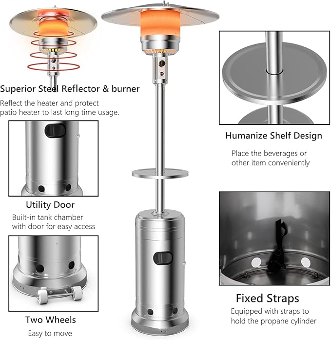 Tangkula 48,000 BTU Propane Heater with Wheels, Outdoor Heater with Shelf Tabletop, Stainless Steel Burner, Auto Shut Off & Tip-Over Protection, Portable Patio Heater for Outdoor Use