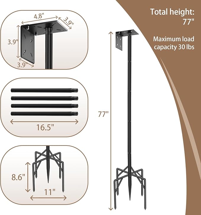 77 Inch Heavy Duty Bird Feeder Pole for Outdoors with 5-Prong Base and 2 Plates, Rust-Proof Metal Smart Bird Feeder Stand/Post, Adjustable Birdhouse Pole, Weather Station Mounting Kit