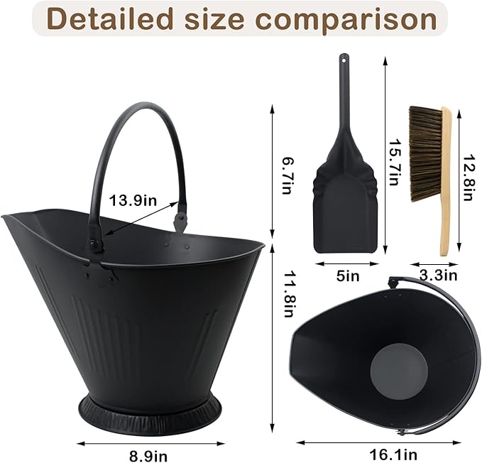 Poofzy Ash Bucket for Fireplace, 3.2 Gallon Metal Fireplace Ash Bucket for Wood Stove, Includes Shovel, Broom and Gloves Indoor & Outdoor