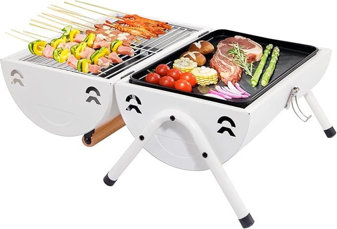 Supernal Tabletop Charcoal BBQ Grill,Portable Charcoal Grill,Small Folding Tabletop Grill for Outdoor Cooking Camping,Picnics,Backyard,Balcony-White,2 Carbon Tank,2 Baking Net,1 Baking Pan
