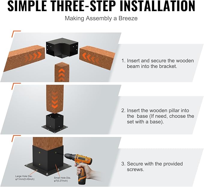 VEVOR Pergola Bracket Kit 6''x6''(Inner Size 5.6x5.6), 4pcs 3-Way Heavy Duty Corner Bracket Woodworks DIY Post Base Kit, Easy Installation Wooden Beams for Gazebos, Patio Pergolas, Log Cabin Outdoor