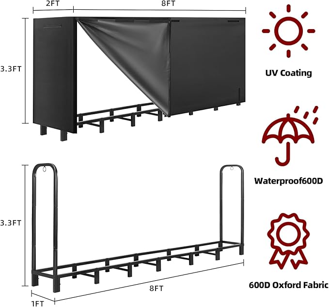 8FT Firewood Rack with Waterproof Cover,Heavy Duty Firewood Storage Log Holder for Outdoor&Indoor,Fireplace Wood Rack with 600D Oxford Fabric