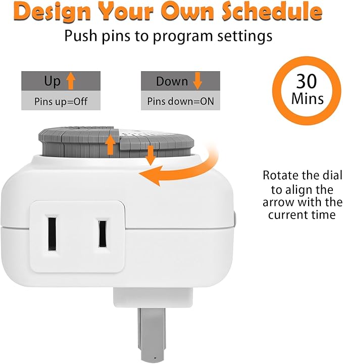 Timers for Electrical Outlets Indoor, 24-Hour Plug-in Mechanical Outlet Timer, 30 Minute Intervals, 2 Prong Light Timers, Daily On/Off Cycle for Christmas Tree, ETL Listed, 2Pack