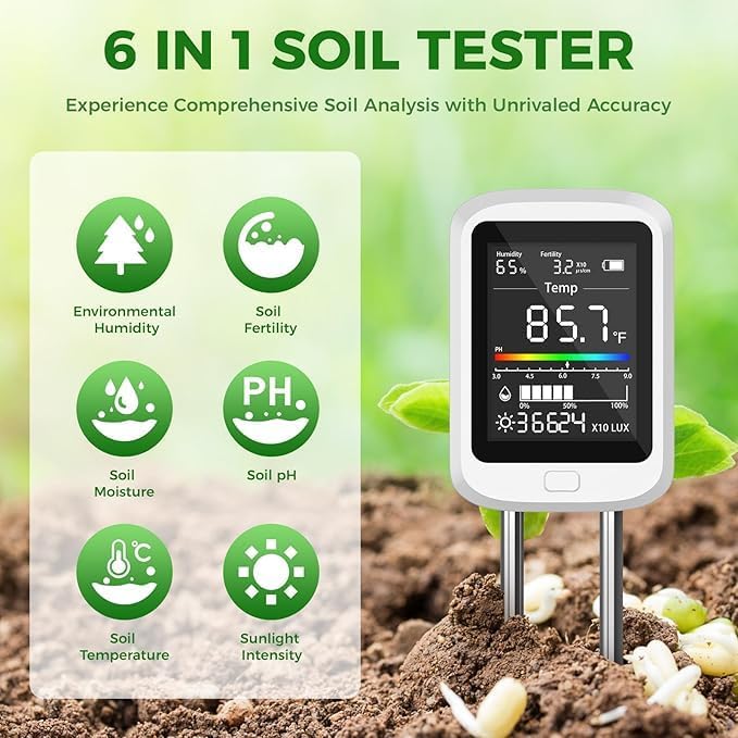 6-in-1 Soil Test Kit for Gardening Deals, 2025 Rechargeable Digital pH Meter/Temperature/Sunlight/Fertility/Environmental and Soil Moisture Meter with LCD Display for Indoor/Outdoor Plants