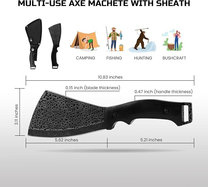 11 Inch Hatchet with Sheath, Small Compact Machete Axes, Fixed Blade Full Tang Camping Tactical Knife for Woodworking, Garden Machete Axe with Sheath for Bushcraft Yards Bushes Wood, A2BK
