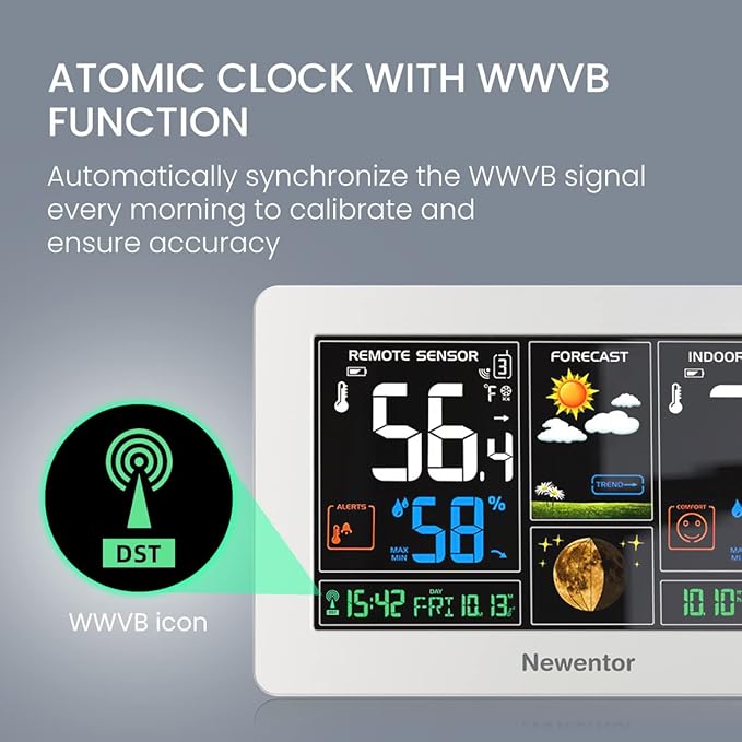 Newentor Weather Station Wireless Indoor Outdoor Thermometer, Color Display Digital Weather Thermometer with Atomic Clock, Barometric Pressure, Forecast Station with Adjustable Backlight, White