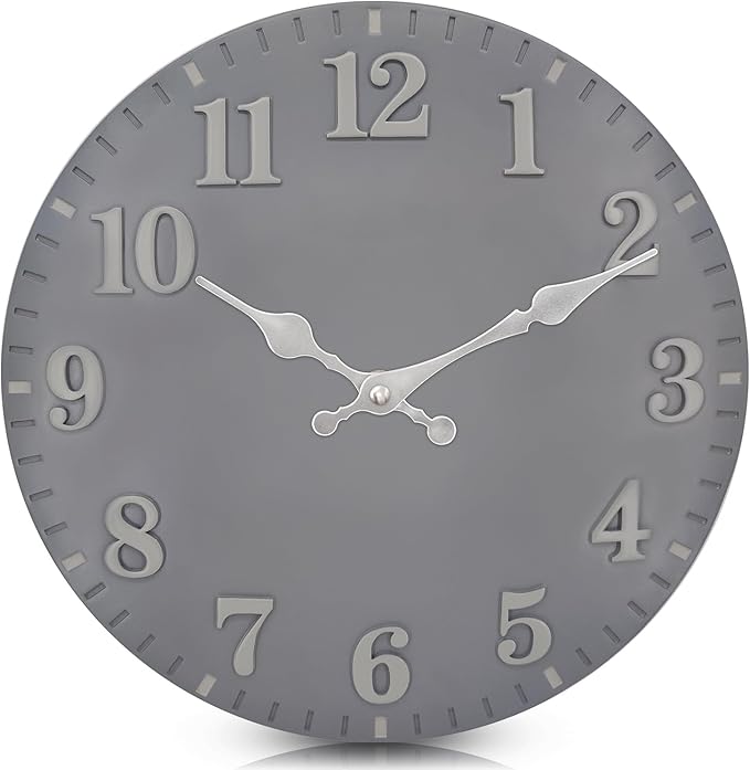 LOMANDA 12 Inch Outdoor Clock, Waterproof Wall Clocks, Non-Ticking Silent Outside Clocks Battery Operated Frameless Resin Indoor Outdoor Wall Clock Decor for Patio, Bathroom, Deck, Porch, Pool (Gray)