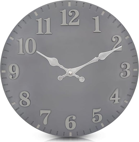 LOMANDA 12 Inch Outdoor Clock, Waterproof Wall Clocks, Non-Ticking Silent Outside Clocks Battery Operated Frameless Resin Indoor Outdoor Wall Clock Decor for Patio, Bathroom, Deck, Porch, Pool (Gray)