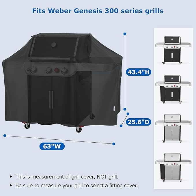 SunPatio BBQ Grill Cover 63 Inch, Outdoor Heavy Duty Waterproof Gas Barbecue Cover, Compatible for All Weber Genesis 300 Series, Compared to Weber 7757, 63" W x 25.6" D x 43.4" H