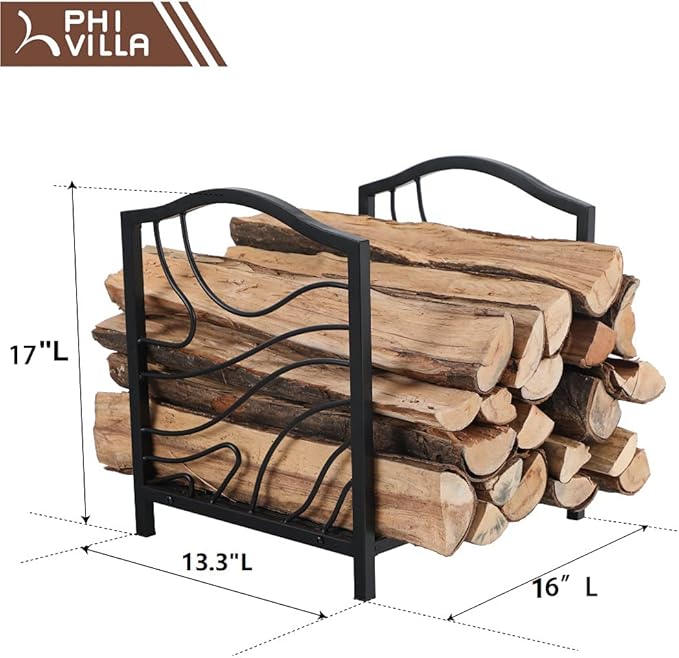 PHI VILLA 17 Inch Firewood Log Rack Bin Indoor/Outdoor Decor Steel Fireplace Wood Holder Storage Brackets Holder Wood Burning Stove Accessories, Black Wave