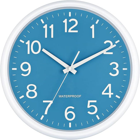 Caysie 16 Inch Sealed Large Outdoor Clock Waterproof, Silent Battery Operated Weatherproof Wall Clocks for Pool Patio Outside Home (White Blue)
