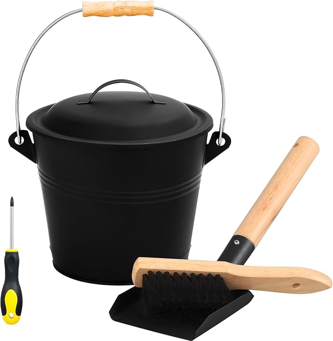 FEED GARDEN Mini Ash Bucket with Lid,Shovel,Broom and Screwdriver, 1.3 Gallon Galvanized Iron Coal Bucket for Fireplace Fire Pits Wood Stoves Indoor Outdoor,Black
