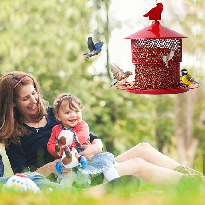Metal Bird Feeder for Outside Hanging, Bird Feeders Squirrel Proof, 4 Lbs Large Capacity Tube Iron Mesh Wild Birdfeeder for Outdoor Finch Cardinal Chickadees -Red