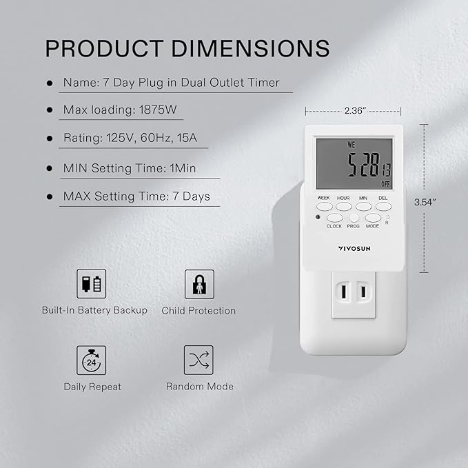 VIVOSUN Digital Timer Outlet 7 Day Programmable Digital Outlet Timer with 2 Independent Outlets 3 Prong, 20 on/Off Programs Groups, Countdown Setting, Indoor for Light Lamp, Fan(1Pack)