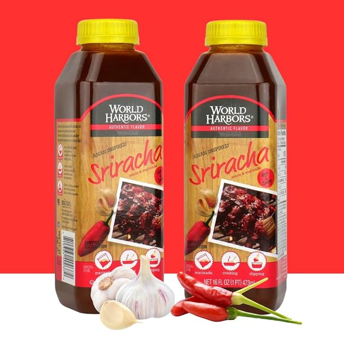 World Harbors Sriracha Hot Sauce & Marinade Perfect for Grilled Meats, Seafood, Dipping, Marinades & Garnishes - Enhance Your Meals with Sriracha Sauce Original Made in USA 16-Fl Oz Bottle (Pack of 2)