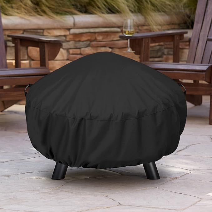 SunPatio Round Fire Pit Cover 32 inch, Heavy Duty Waterproof Patio Fire Bowl Cover with Adjustable Drawstring and Handles, UV & Rip & Fade Resistant, 32" Dia x 14"H, Black