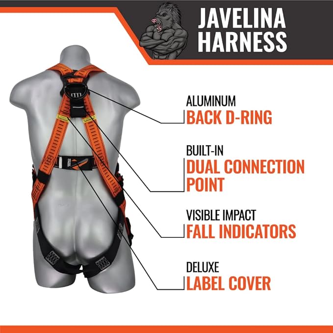 Malta Dynamics Javelina Safety Harness for Fall Protection, Lightweight, Comfortable Construction Harness, Tongue & Buckle