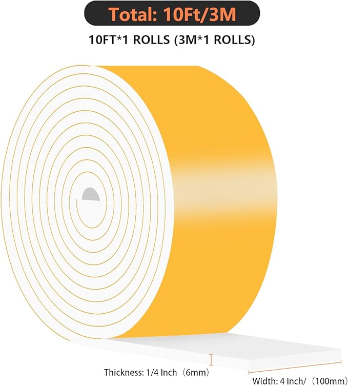 Weather Stripping Door Seal,Weather Stripping,Soundproof,Cold Insulation,High Density CR Foam Insulation Tape for Door,Windows (White, 4 in x 1/4 in x 10Ft)