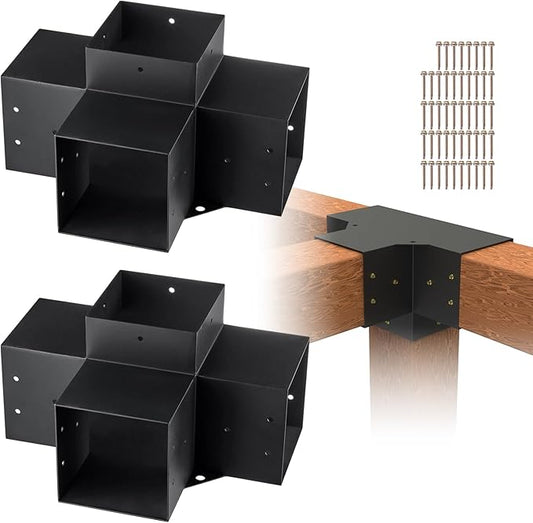 VEVOR Pergola Bracket Kit 6''x6''(Inner Size 5.6x5.6), 2pcs 4-Way Heavy Duty Corner Bracket Woodworks DIY Post Base Kit, Easy Installation Wooden Beams for Gazebos, Patio Pergolas, Log Cabin Outdoor
