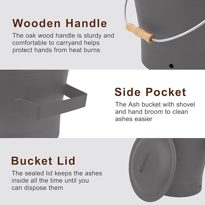 BRIAN & DANY Ash Bucket with Lid, 2.6 Gallon Fireplace Ash Bucket with Shovel and Hand Broom, Metal Bucket for Fireplace, Fire Pit, Wood Burning Stove, Gray