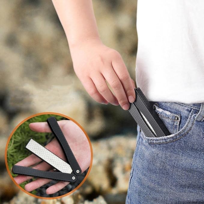 Double Sided Sharpener, Folding Pocket Knife Sharpening Stone Portable Garden Tool Sharpener for Axe Hatchet Lawn Mower Blade Garden Shears Chisels Spade Drills