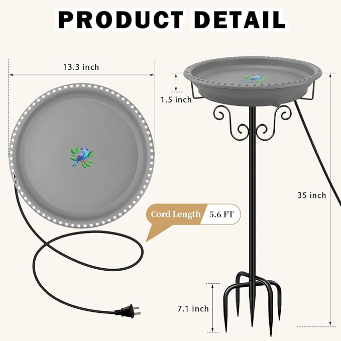 Lovppy Heated Bird Bath, 100W Thermostatically Controlled Heated Bird Baths for Outdoors Bird Bath Heater with Metal Stake, Heated Bird Bath for Outside Winter Garden Patio Yard Lawn (Gray)