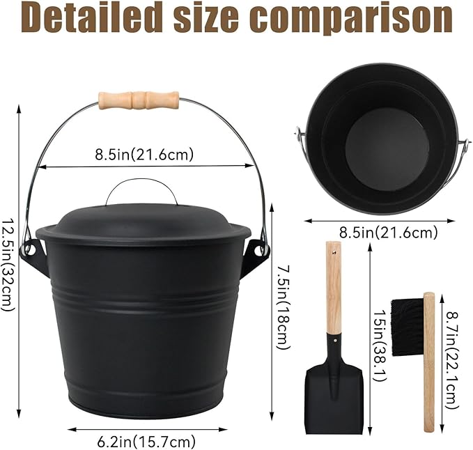 BRIAN & DANY Mini Ash Bucket with Lid and Shovel, 1.3 Gallon Fireplace Bucket with Broom, Ash Can for Fireplace, Ashes, Fire Pit, Wood Burning Stove