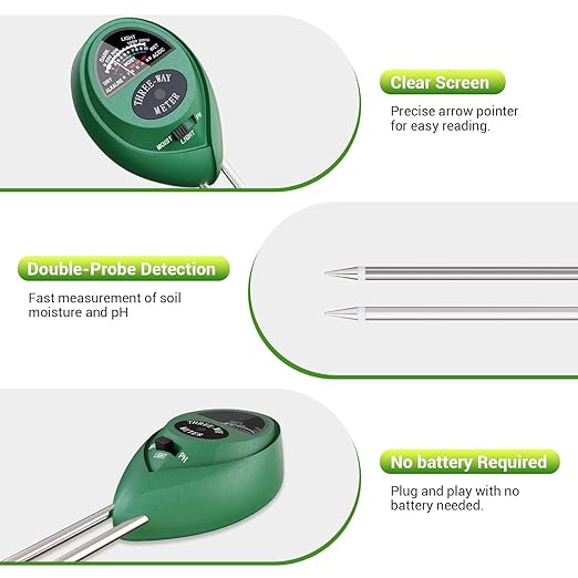 Plant Moisture Meter, 3 in 1 Soil Moisture Light pH Tester, Dr.meter Soil Probe Test Kits for Indoor Outdoor Plant Care, Hydrometer for Plants, No Battery Needed