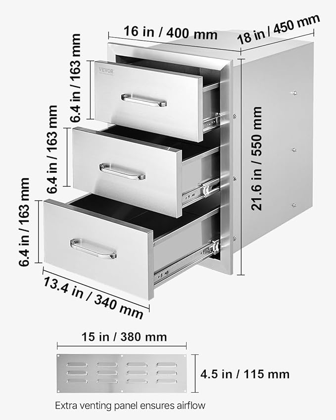 Mophorn Outdoor Kitchen Drawers 16" W x 21.5" H x 18" D, Flush Mount Triple Access BBQ Drawers with Stainless Steel Handle, BBQ Island Drawers for Outdoor Kitchens or BBQ Island Patio Grill Station