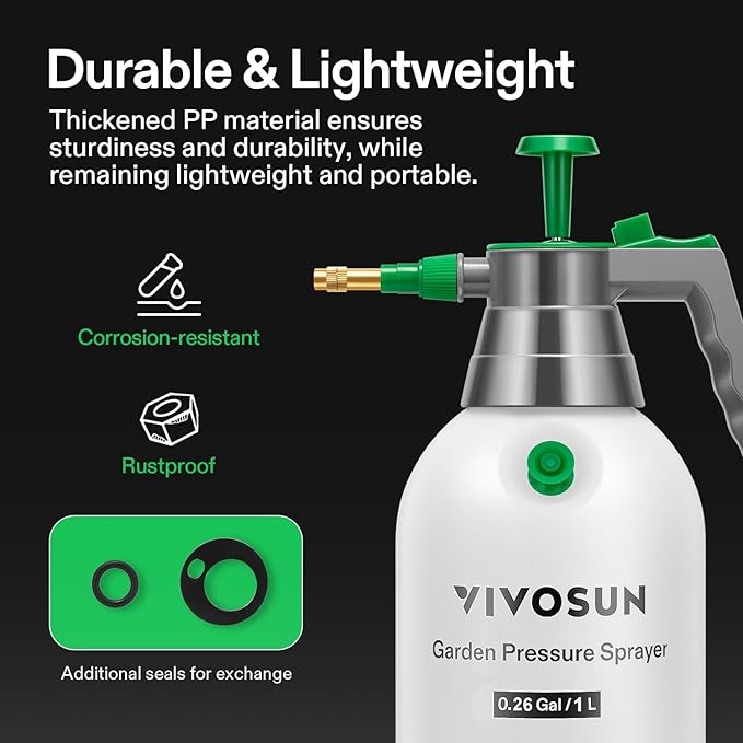 VIVOSUN Handheld Garden Sprayer, 1L Pump Sprayer, 34oz Water Spray Bottle with Safety Valve, Adjustable Nozzle, Extended Spray Rod & Additional Seals, Ideal for Watering, Fertilizing, Cleaning