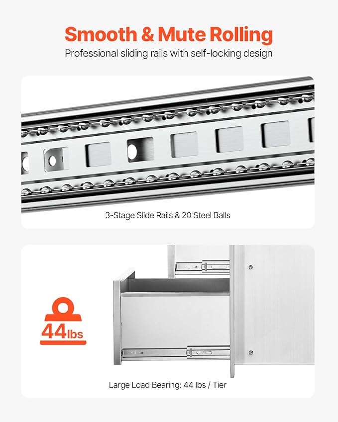 VEVOR 17W x 30H x 21D Inch Outdoor Kitchen Stainless Steel Double Access Drawers with Paper Towel Holder Combo for BBQ Island or Grill Station