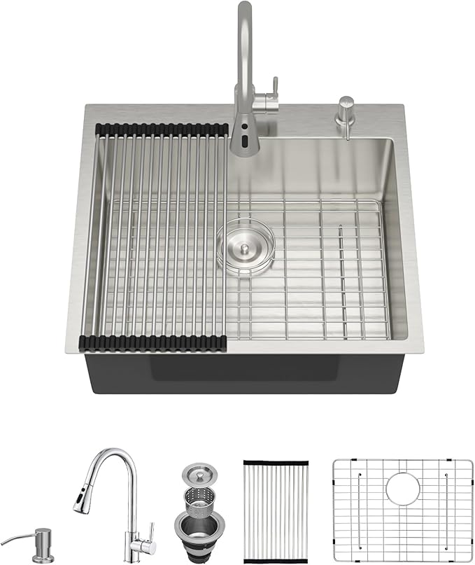 25 Inch Drop In Kitchen Sink with Faucet - 25x22 Drop in Kitchen Sink Premium 16 Gauge 304 Stainless Steel Topmount Single Bowl Sinks with Accessories #TLT-0016