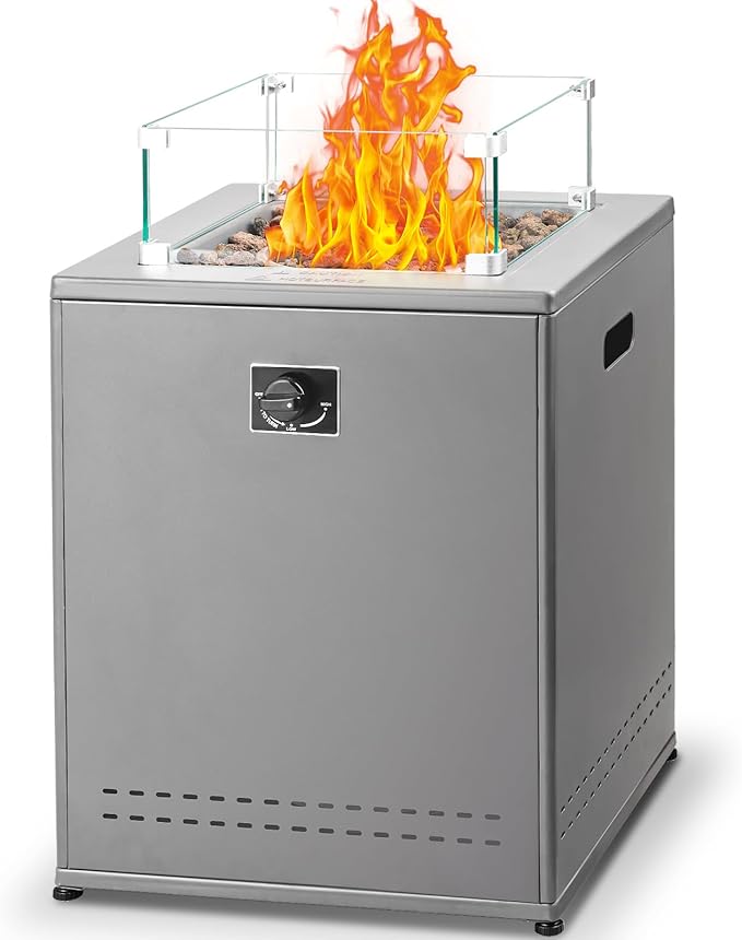 Fire Pit Table Propane Smokeless Fire Pit Outside Heater Patio with Lava Rocks,Glass Wind Guard and Cover,20" Square Fire Pit Table for Balcony Garden Outdoor Camping Deck Backyard,Grey