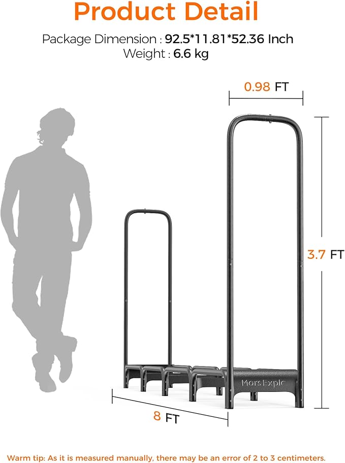 Firewood Rack, 8ft Heavy Duty Fire Wood Storage Racks for Indoor Outdoor, Metal Log Holders for Firewood, Fireplace Wood Pile Storage Stacker Organizer, Black