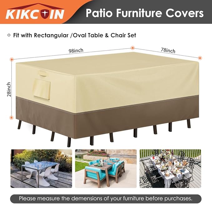 Patio Furniture Covers Waterproof Heavy Duty for Table and Chairs, Rectangular Outdoor Furniture Set Cover, Anti-Fade, Tear/Water Resistant Patio Furniture Set Covers, 98"L x 78"W x 28"H