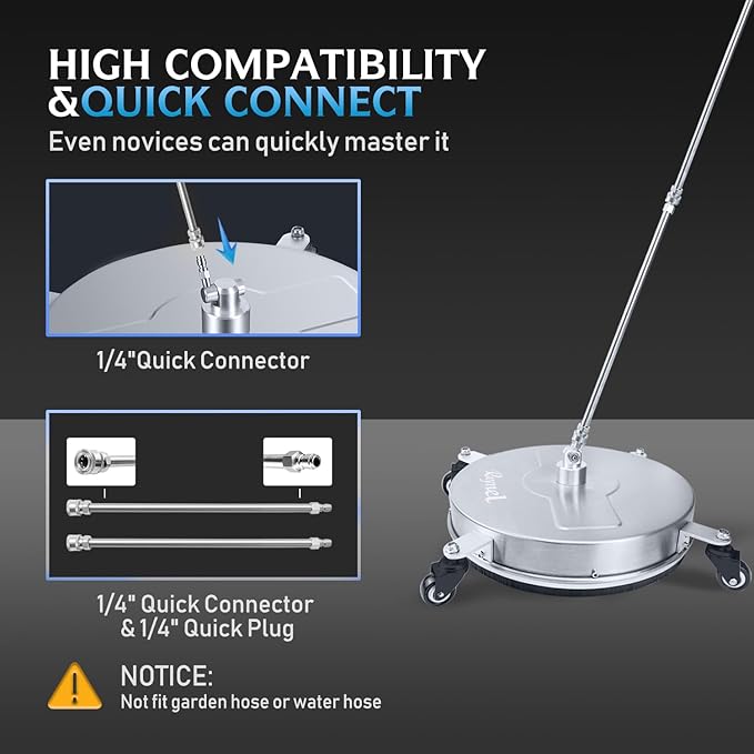 RAYNEL 18'' Pressure Washer Surface Cleaner with 4 Wheels, Stainless Steel Housing, 1/4" Quick Plug, 2 Extended Wands, 2 Replacement Nozzles and 5 Spray Nozzles