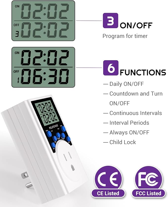 Timer Outlet, Nearpow Multifunctional Infinite Cycle Programmable Plug-in Digital Timer Switch with 3-Prong Outlet for Appliances, 15A/1800W