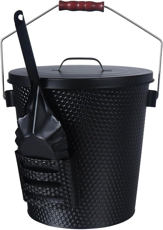 5 Gallon Ash Bucket with Lid - Shovel, Broom, and Gloves, Heavy Duty Galvanized Iron, Fire-Resistant, Black Finish Perfect for Fireplaces, Fire Pits, Wood-Burning Stoves, and Grills
