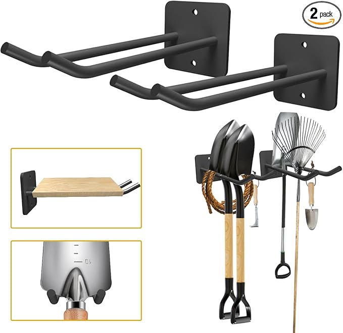 Garage Storage Hooks Heavy Duty Steel Tool Organizer Wall Mount Hangers Hooks Racks for Ropes Hoses and Garden Yard Tools Organization Holder Bulk Items Hanging Tool 9 Inch (2 PACK)