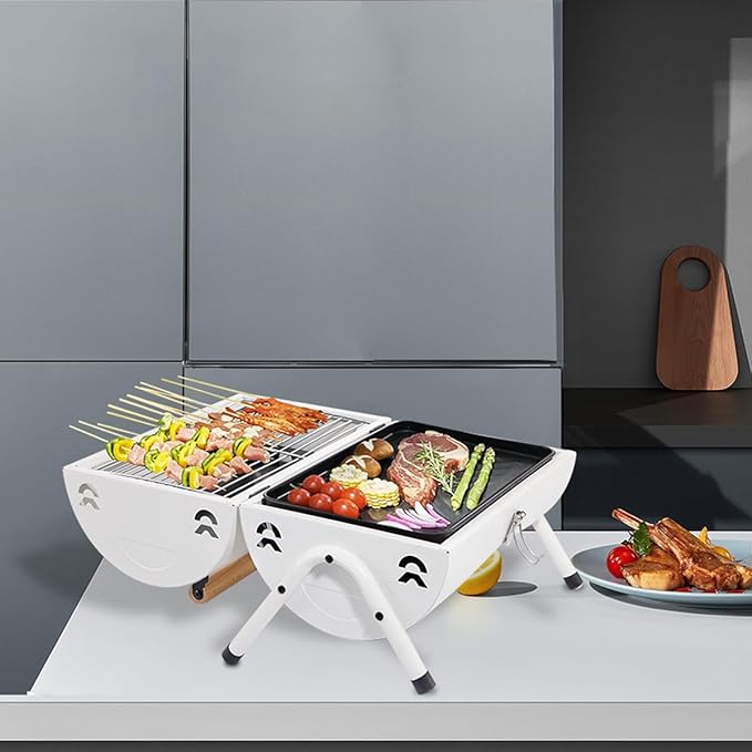 Supernal Tabletop Charcoal BBQ Grill,Portable Charcoal Grill,Small Folding Tabletop Grill for Outdoor Cooking Camping,Picnics,Backyard,Balcony-White,2 Carbon Tank,2 Baking Net,1 Baking Pan