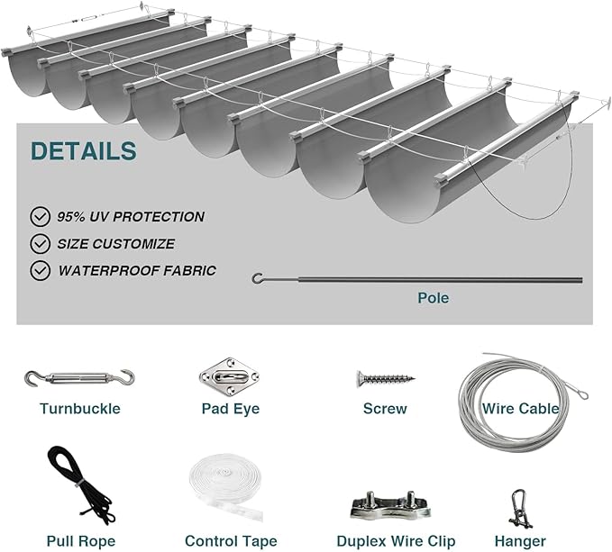 ECOOPTS 4'x16' Retractable Waterproof Wave Sun Shade Canopy Pergola Cover Shade Sail for Outdoor Garden Patio Porch Deck Backyard (Light Grey)