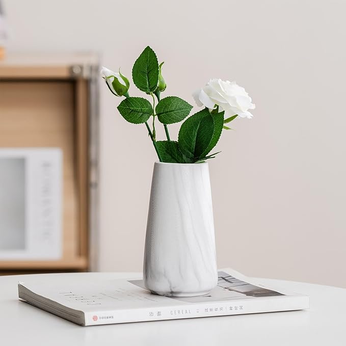 Marble White Vase - 6“ White Ceramic Flower vase, Boho Vases for Pampas Grass, Minimalist Modern vases for Home Decor, Table Shelf Living Room Farmhouse Decor